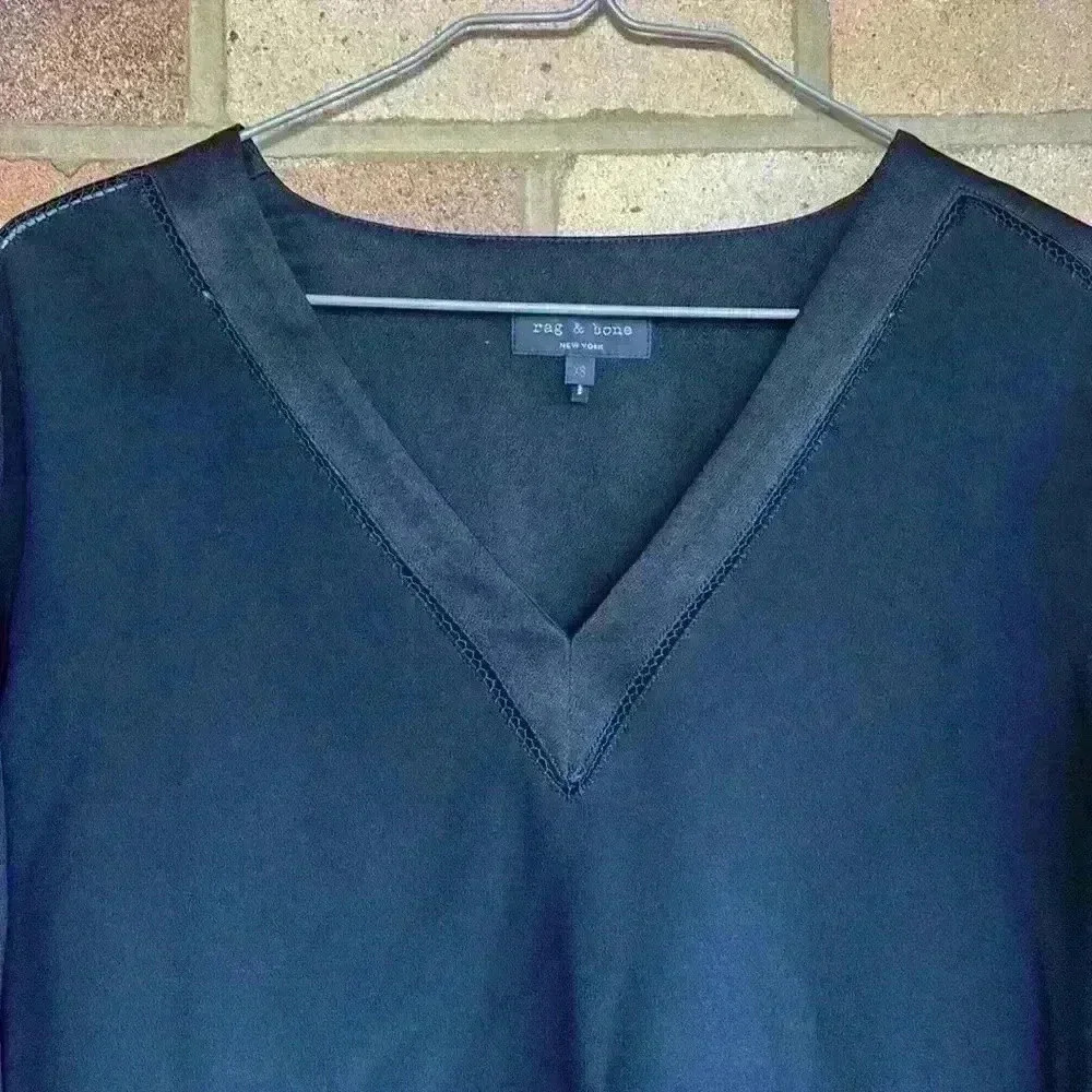 rag & bone NEW YORK long sleeve Black V neck mixed media top XS - Picture 2 of 8